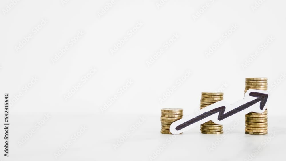 growing stacks of coins with arrow going up, prices becoming more expensive or savings and compound interests increasing growing stacks of coins with arrow going up, prices becoming more expensive or savings and compound interests increasing