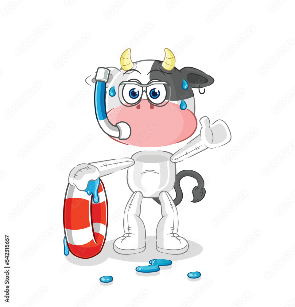 cow swimmer with buoy mascot. cartoon vector
