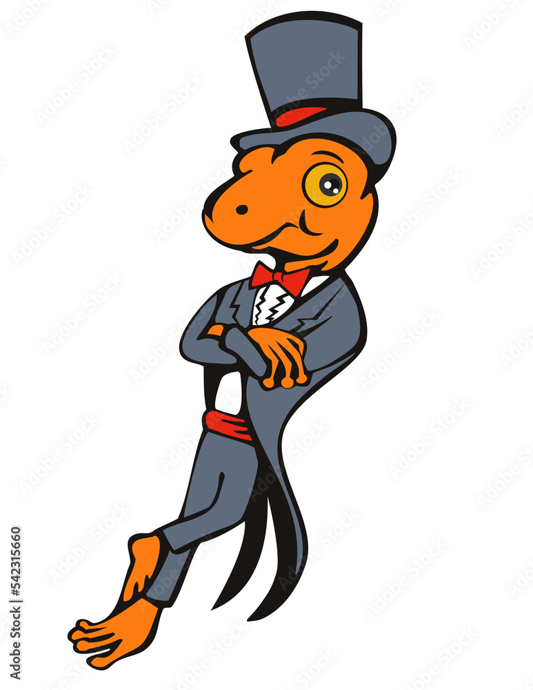 illustration of a cartoon gecko with top hat and bow tie tuxedo standing isolated on white