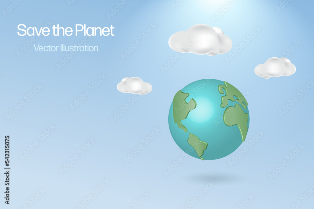 Fototapeta premium Earth globe with cloudy sky. Save the planet, earth day and sustainable environment concept. 3D realistic vector for template, banner, advertising poster.