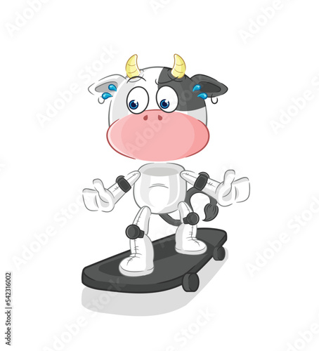 cow riding skateboard cartoon character vector