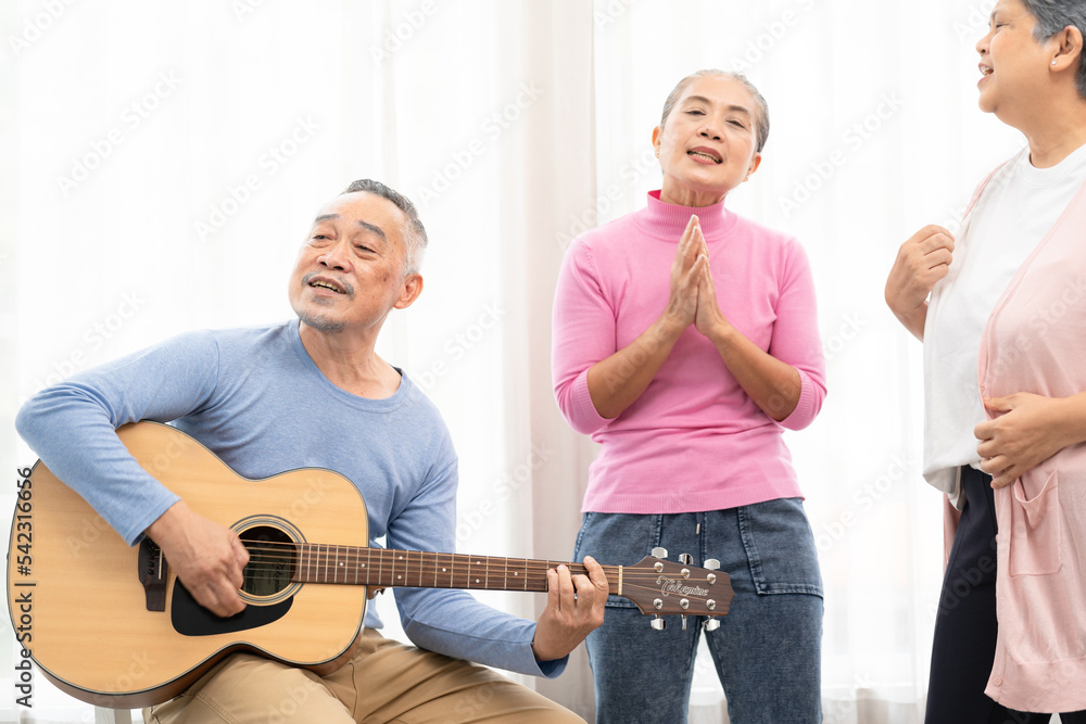 Group of senior people enjoying with activities together. Elderly people having fun concept. Happy senior playing guitar and singing songs having fun together. Group of senior people enjoying with activities together. Elderly people having fun concept. Happy senior playing guitar and singing songs having fun together.