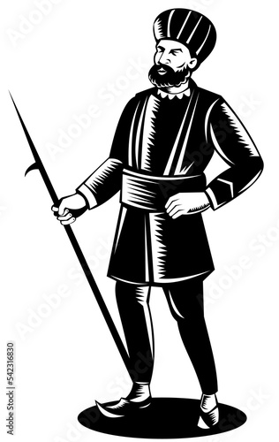 Illustration of an indian sikh guard with spear hook done in retro woodcut style.