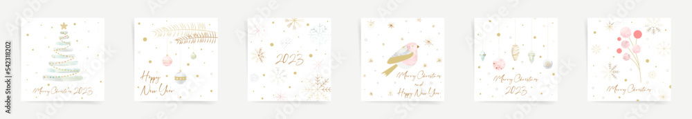 Merry Christmas and Happy New Year social media square posts background set. Winter cute design templates with christmas tree, Christmas decorations, winter berries, snowflakes and abstract elements. 