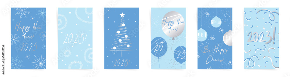 Happy Christmas winter stories banners template set. New year design for greeting, sale story posts. Design with Christmas tree, Christmas decorations, abstract shapes and snowflakes. Blue color set