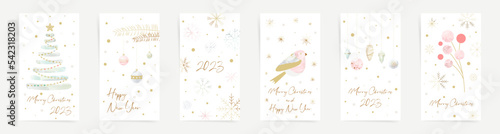 Merry Christmas and Happy New Year social media stories background set. Winter cute design templates with christmas tree, Christmas decorations, winter berries, snowflakes and abstract elements. 