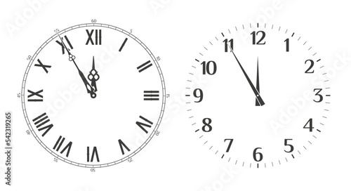 Clock showing five minutes to twelve. Merry Christmas and happy New Year 2023 background. Christmas greeting card template. Vector illustration.