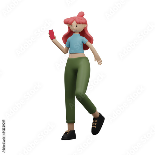 3d illustrastion character cartoon pose of smiling woman holding phone