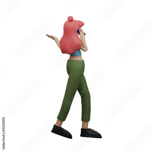 3d charater cartoon the pose of a woman talking on the phone while walking