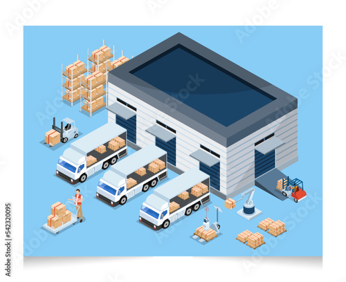 3D isometric Warehouse Logistic concept with Workers loading products on the trucks, Transportation operation service, Export, Import, forklift, pallets, cardboard boxes. Vector illustration EPS 10