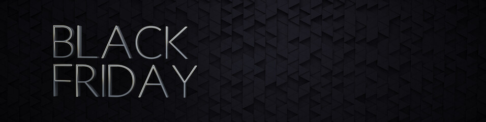 Premium banner with thin, glowing 3D words on offset triangular tiles. Black Friday Background with copy-space. 3d Rendering