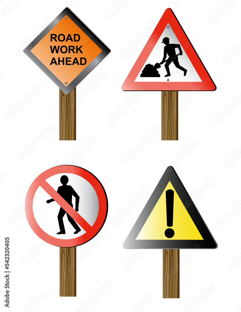 illustration of road signs and symbols showing road work no pedestrian and road warning.