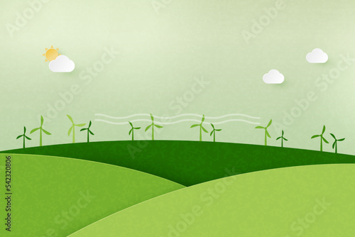 Paper art of Sustainability of alternative energy and ecology conservation concept.Wind turbine on green nature mountains landscape background.Vector illustration.