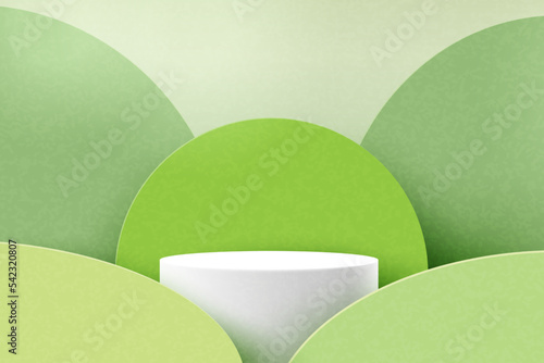 3d Paper cut abstract minimal geometric shape template background.White cylinder podium on green nature mountains landscape.Vector illustration.