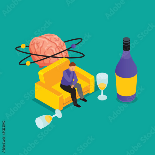 Man hangover after drinking alcohol isometric 3d vector illustration concept for banner, website, illustration, landing page, flyer, etc.