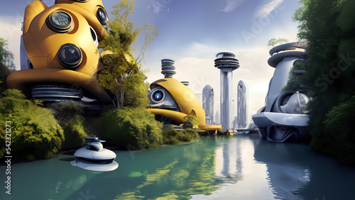 Wallpaper Mural futuristic city, beautiful cityscape with waterways and spaceships Torontodigital.ca