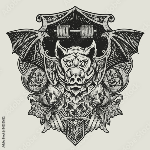 illustration baddas Wild boar head with skull with engraving ornament