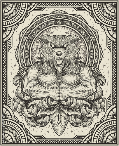 Photos illustration wolf man with antique engraving ornament style