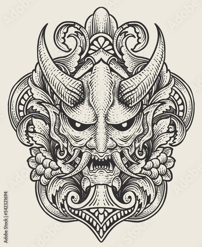 oni mask isolated with engraving ornament style