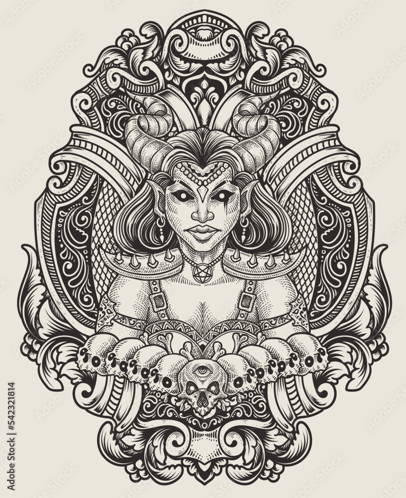 Illustration Demon girl with skull antique engraving style perfect for T-shirt, Hoodie, Jacket, Poster