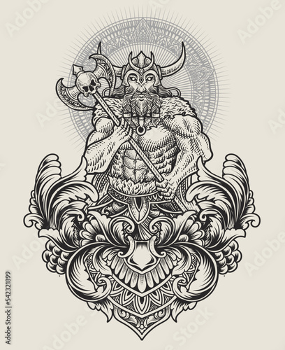 Illustration antique viking warriors with engraving ornament