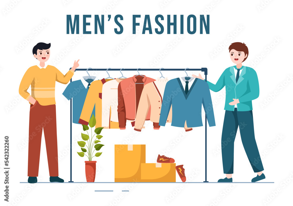 Fashion Men and Outfit of Fashionable Man in Boutique Indoor or Clothes Shop for Shopping on Flat Cartoon Hand Drawn Templates Illustration
