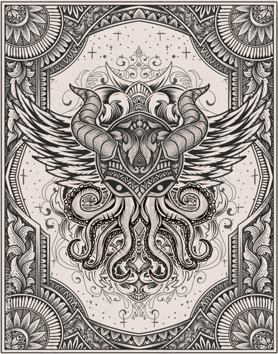 illustration vintage octopus with engraving ornament style