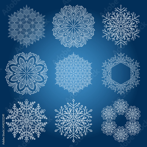 Set of vector snowflakes. Collection of winter ornaments. Snowflakes collection. Snowflakes for backgrounds and designs