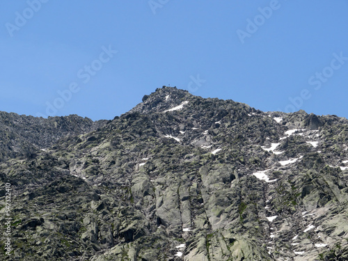 Rocky mountain peaks Poncione di Fieud (2696 m) and Fibbia (2738 m) in the massif of the Swiss Alps above the St. Gotthard Pass (Gotthardpass), Airolo - Canton of Ticino (Tessin), Switzerland (Schweiz