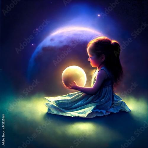 Little Girl Holding a Ball Moon Sillhouetted Against The Full Moon In the Night Sky