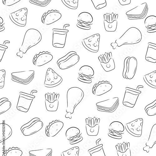 Fast foods doodle seamless doodle pattern with a black and white color suitable for background