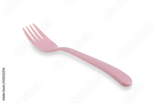 Pink plastic fork isolated on white background with clipping path.