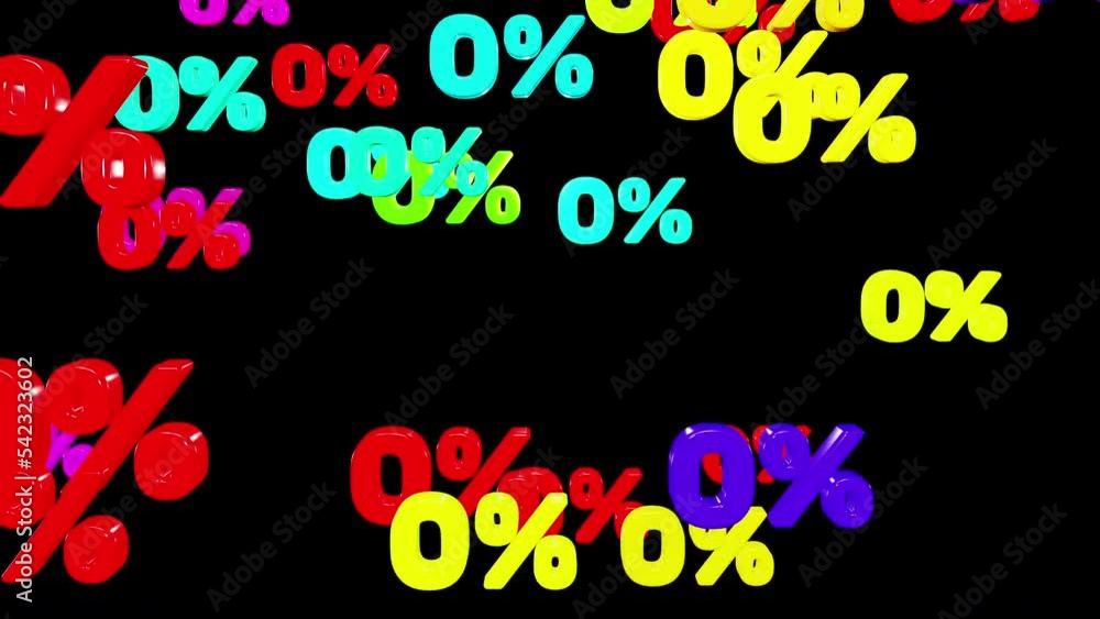 Colorful zero percent symbols fall down isolated on black background, looped 3d render. Concept of discounts, sales, seasonal promotions, black friday, singles day and shopping 1111. percent fall. Colorful zero percent symbols fall down isolated on black background, looped 3d render. Concept of discounts, sales, seasonal promotions, black friday, singles day and shopping 1111. percent fall.