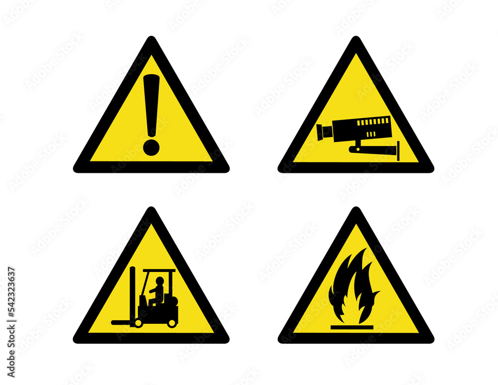 Obraz premium illustration of workplace signs showing warning, caution, security camera, forklift truck operation and flammable on isolated white background