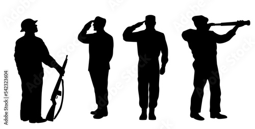 Fototapeta illustration of a silhouette of a soldier saluting, standing attention and looki