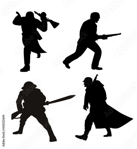 Fototapeta illustration of a silhouette of a soldier attacking with bayonet rifle,marching