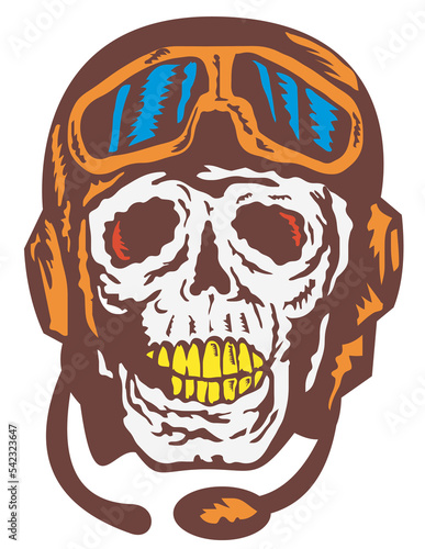 Canvas Print Illustration of a skull face pilot airman wearing helmet and goggles woodcut style