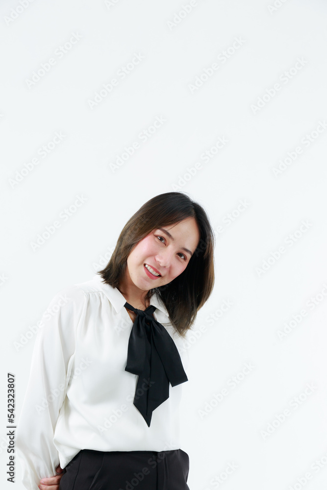Portrait beautiful working Asian woman , business girl standing arms crossed with happiness on white background