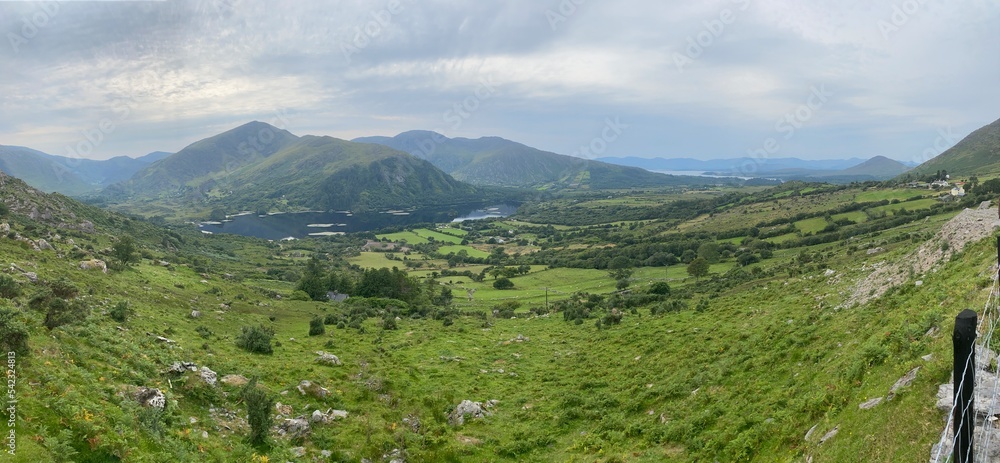 Panorama view of Glanmore lake from the Healy pass, Kerry, Ireland.
