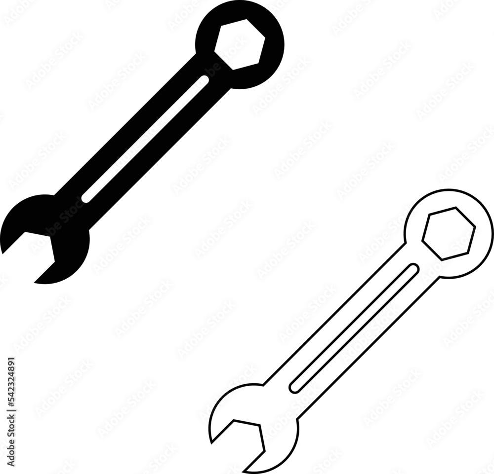 Black Wrench icon on white background. Wrench outline. Wrench tool sign. spanner outline and filled symbol. flat style. Black Wrench icon on white background. Wrench outline. Wrench tool sign. spanner outline and filled symbol. flat style.