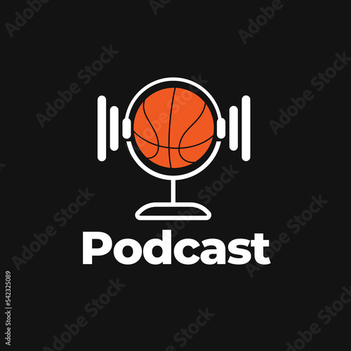BasketBall with Headphone and microphone Logo Design. Suitable for Basketball Sport Streaming Podcast Broadcast Radio Channel Business Brand Simple Modern Logo Design.