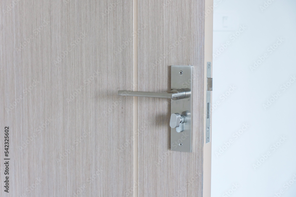 Closeup doorknob of wooden door between open or close the door Closeup doorknob of wooden door between open or close the door