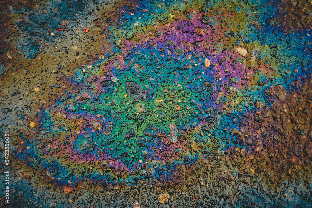Puddles are contaminated with multicolored streams of oil. Oil stains on wet asphalt.