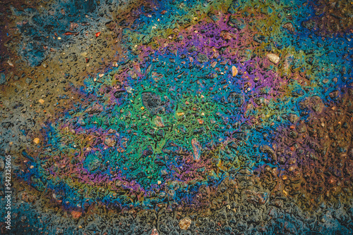Puddles are contaminated with multicolored streams of oil. Oil stains on wet asphalt. © AleksFil