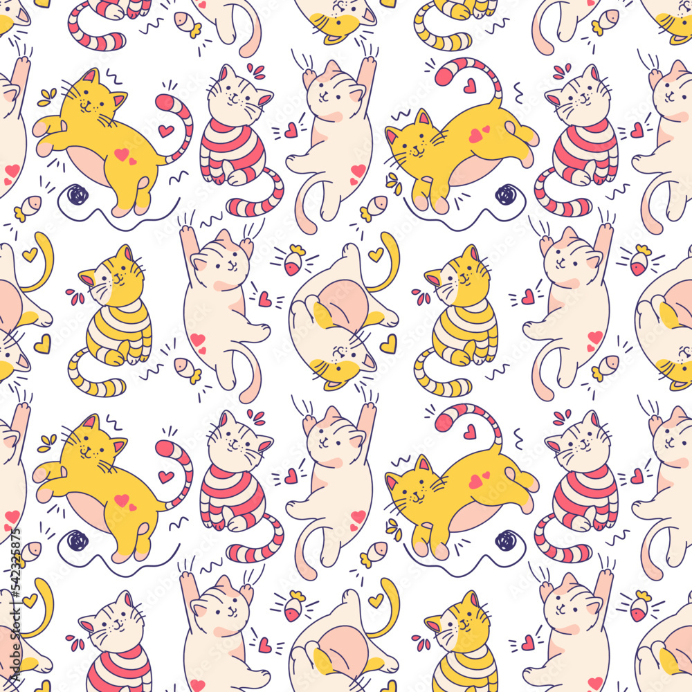Obraz premium Seamless pattern with cute naughty kittens. Funny cartoon wallpaper with cats. Background with animal characters.