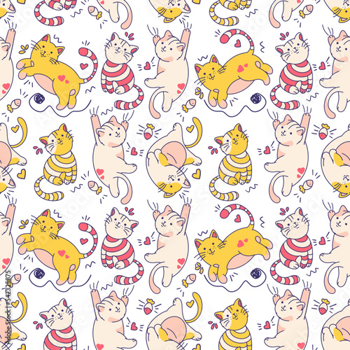Seamless pattern with cute naughty kittens. Funny cartoon wallpaper with cats. Background with animal characters.