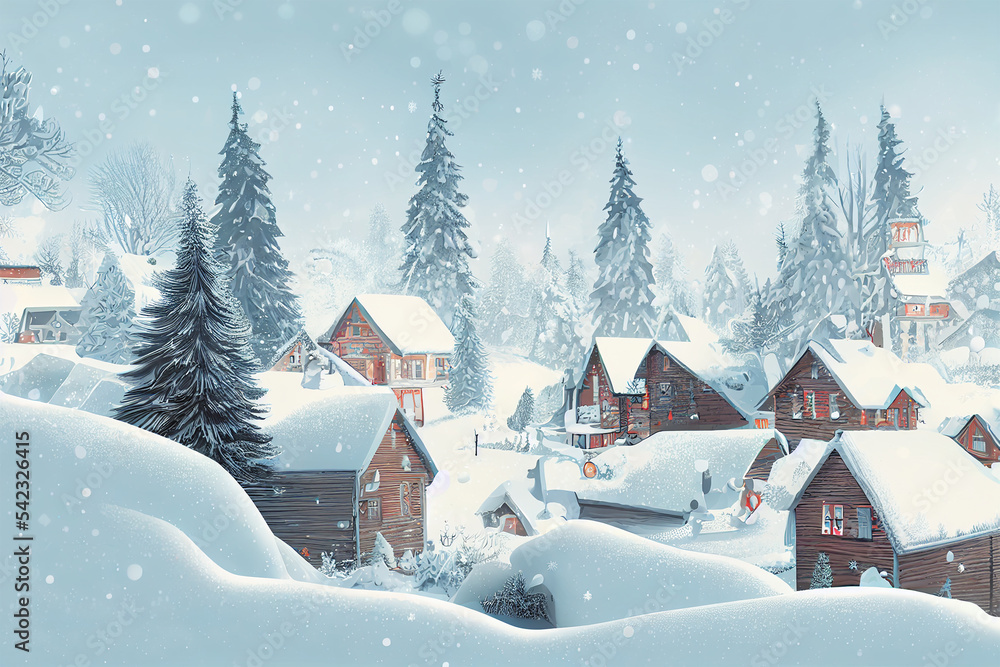 Village landscape graphic design in winter season. Poster card cover wallpaper background. The village snow field and Christmas tree .