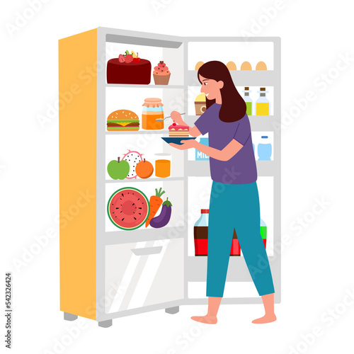 Hungry woman eating cake at open refrigerator in flat design on white background.