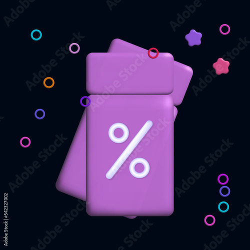 3d discount coupon, gift voucher, ticket with promo code. Percentage sign on a flying coupon, loyalty program holiday sale. Lucky lucrative bonus, win or free. Vector illustration, advertising banner.
