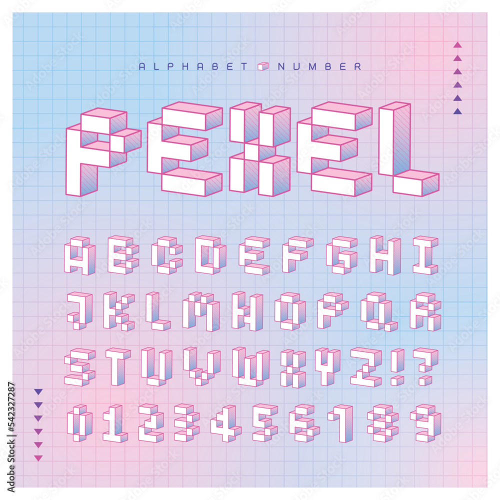 3D pixel gradient alphabet letter and number set. Futuristic, modern stylish 3D geometrical font or typeface for poster headline, title, graphic layout, cover, website, banner, gaming, etc. 3D pixel gradient alphabet letter and number set. Futuristic, modern stylish 3D geometrical font or typeface for poster headline, title, graphic layout, cover, website, banner, gaming, etc.